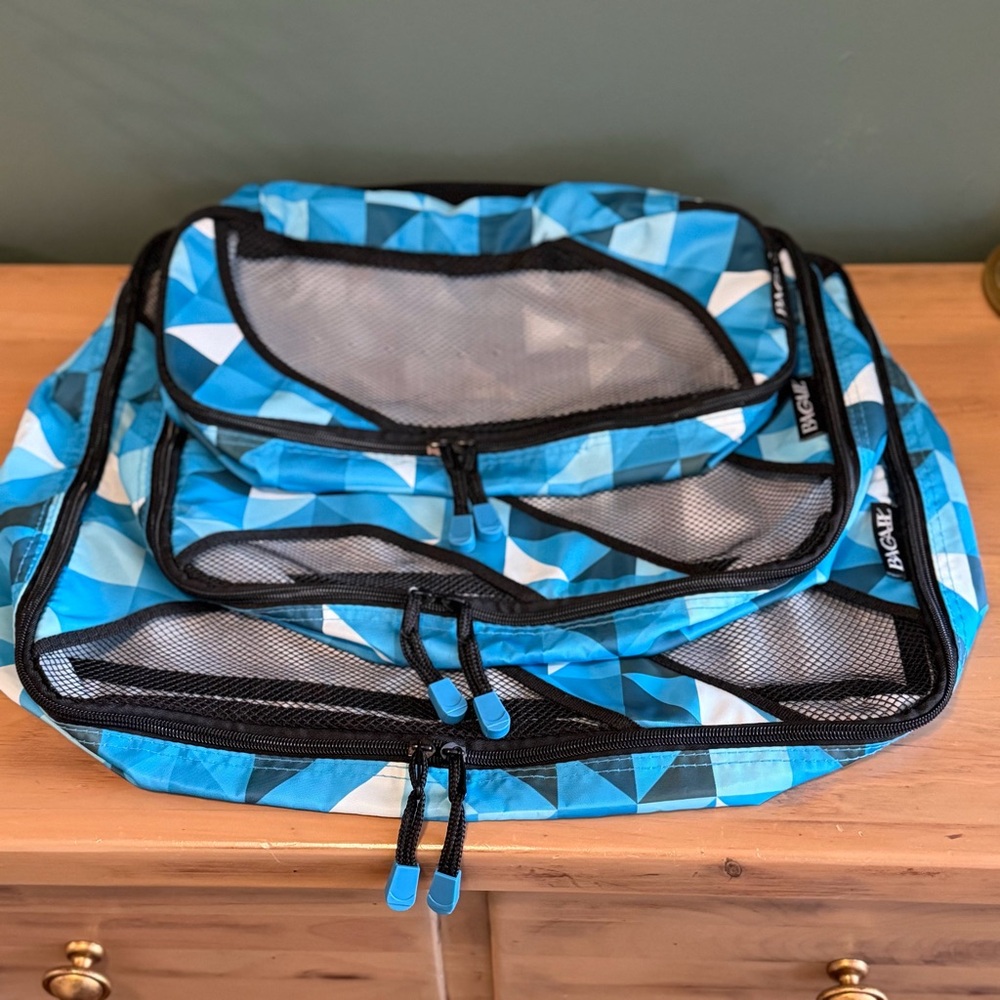 BAGAIL Packing Cubes Set Blue Geometric Travel Organizers Zip Mesh